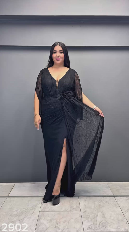 Lace Ruched Slit Gown | Plus Size V-Neck Maxi Dress PF