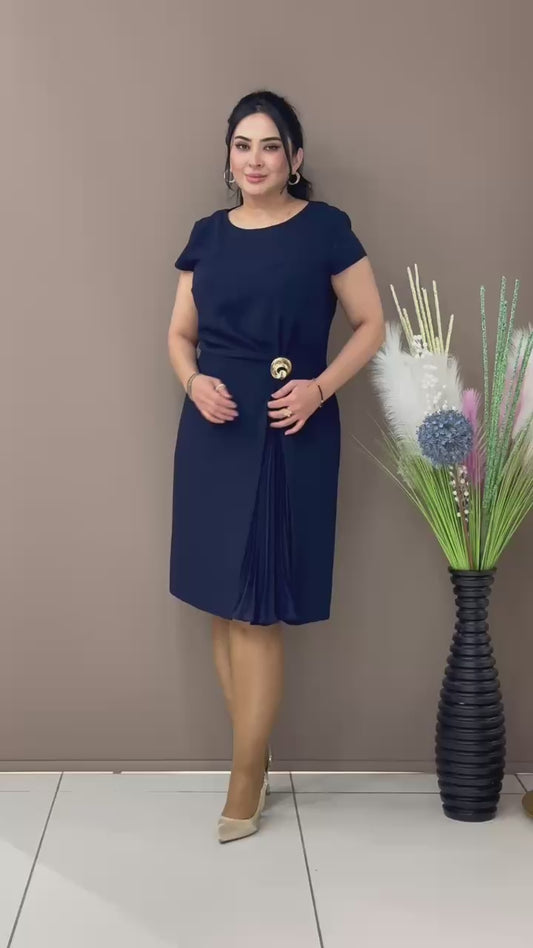 Plus Size Navy Midi Dress with Gold Buck