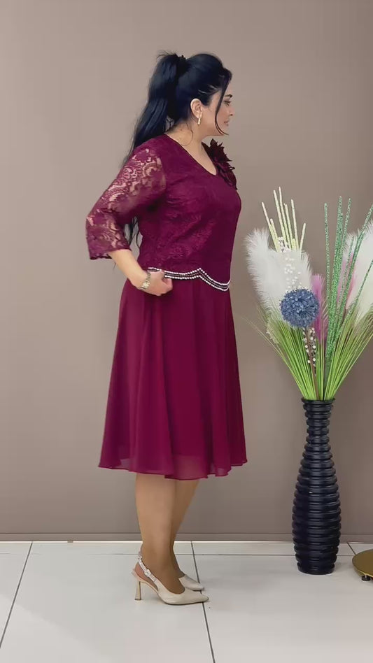 Plus Size Burgundy Lace Dress with Pearl Trim